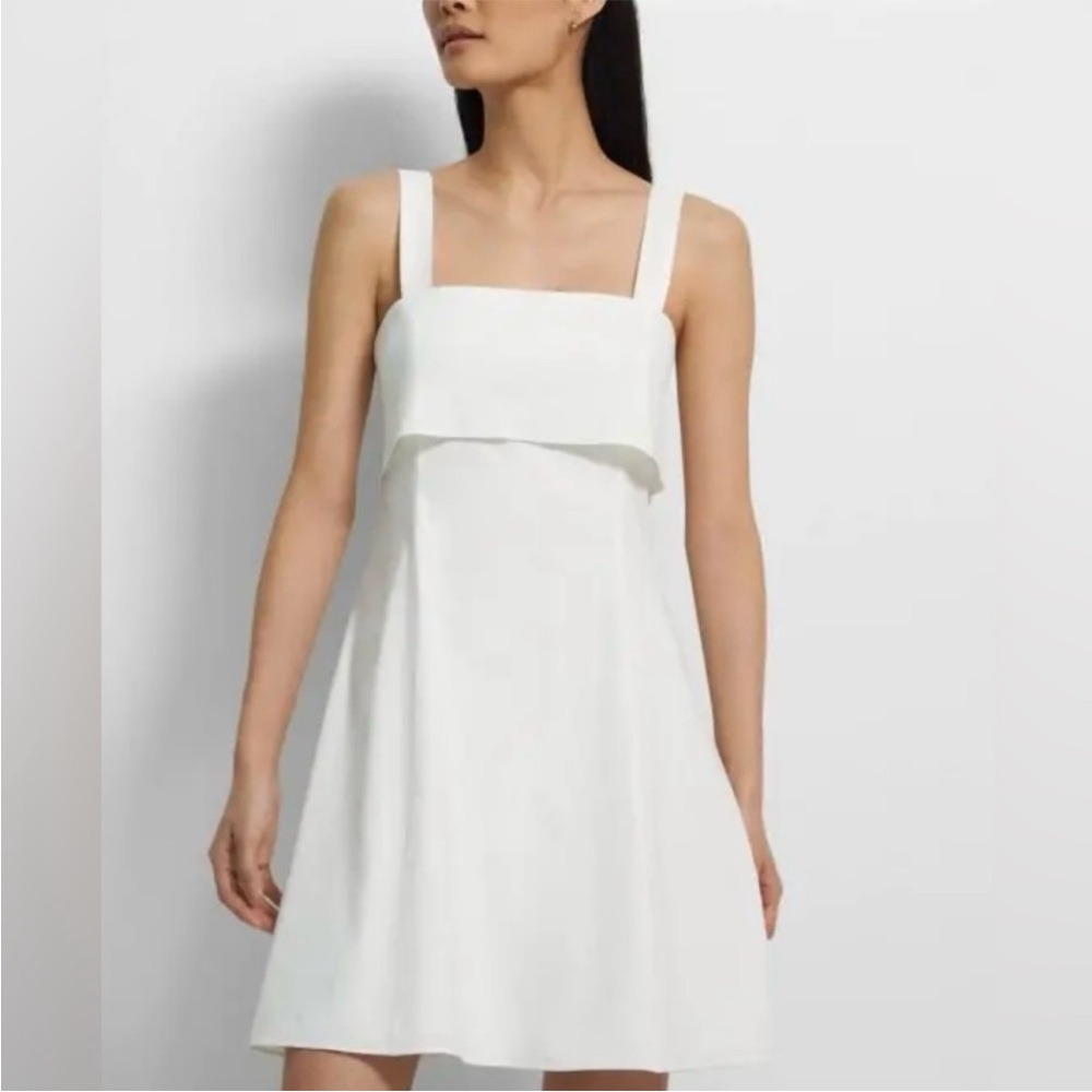 Theory Drape Back Mini Dress‎ in Stretch Linen White NWT Bow Solid Eco Crunch - Picture 2 of 15